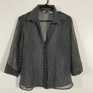 Joanna Blouse Womens Medium Black White Geometric Sheer 3/4 Sleeve Button Up